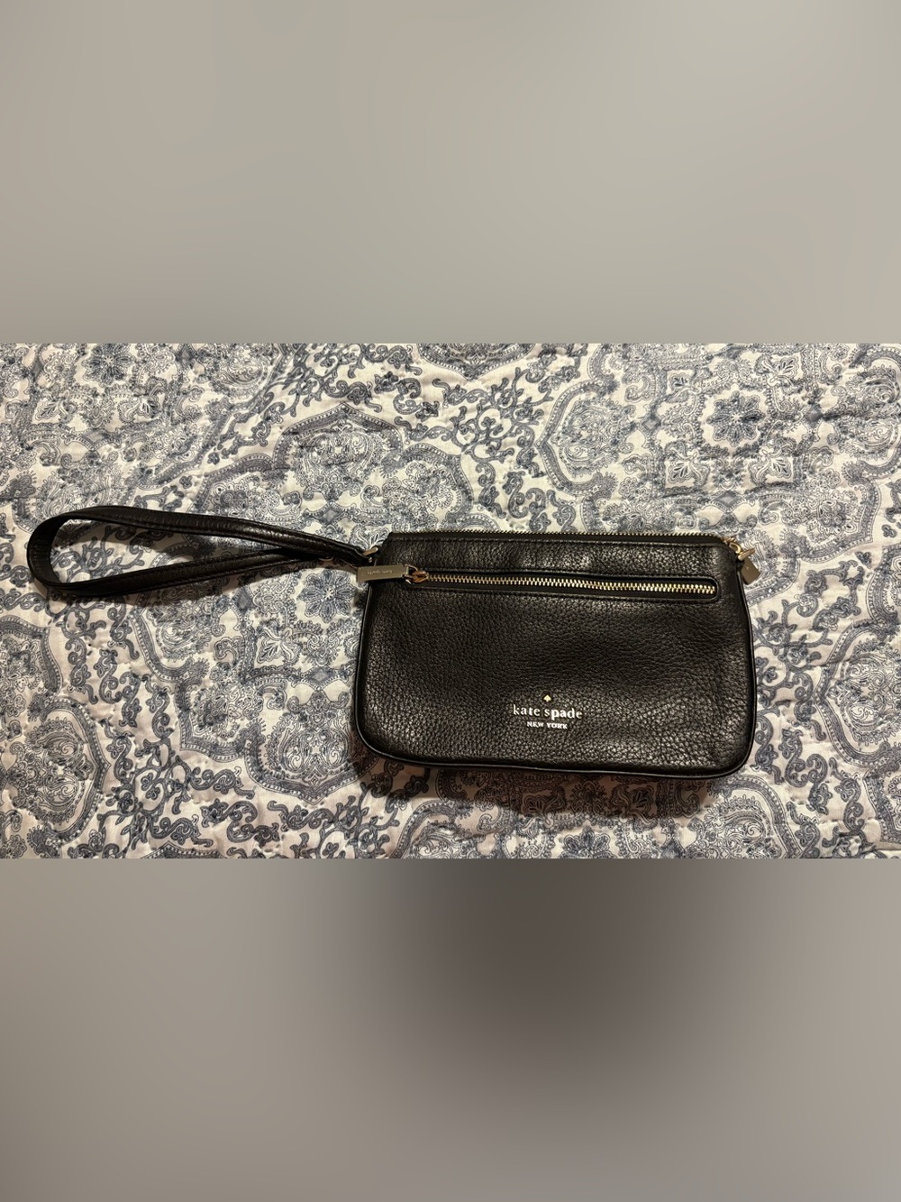 kate spade Black Pebbled Leather Wristlet Clutch with Gold Hardware